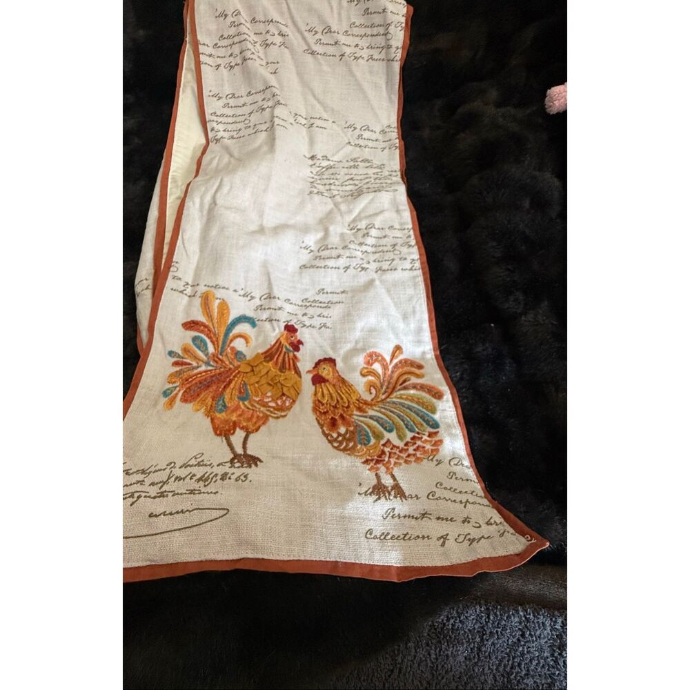 Embroidered Table Runner with Chickens Roosters French Words provincial